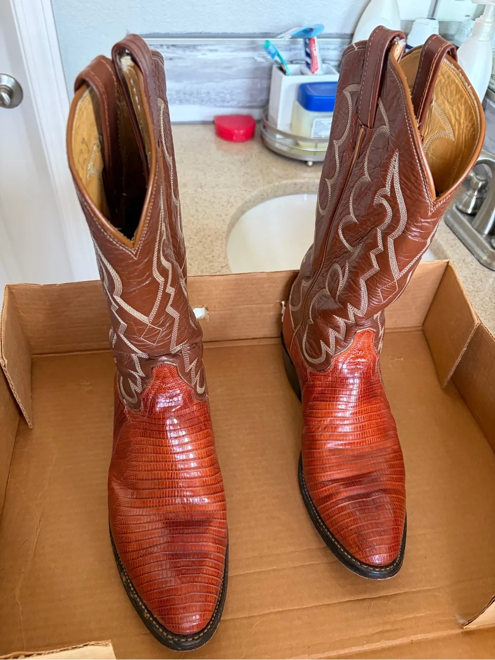 Tony Lama Two-Tone Red Brown Western Cowboy Boots
